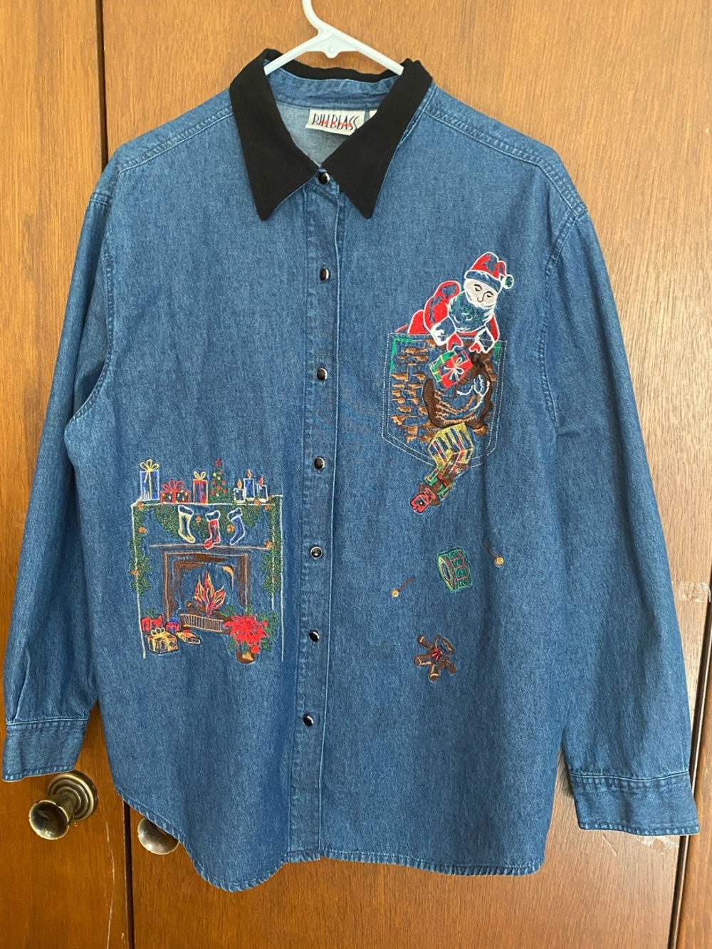 Bill Blass Vintage Blue Denim Shirt with Holiday Embroidery